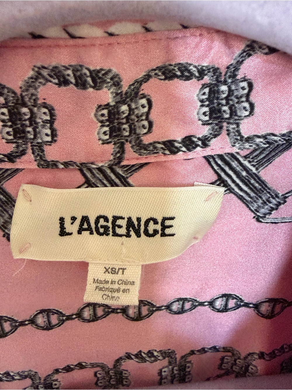 L'AGENCE Pink Chain-Stripe Silk Button-Down Blouse - Picture 2 of 3